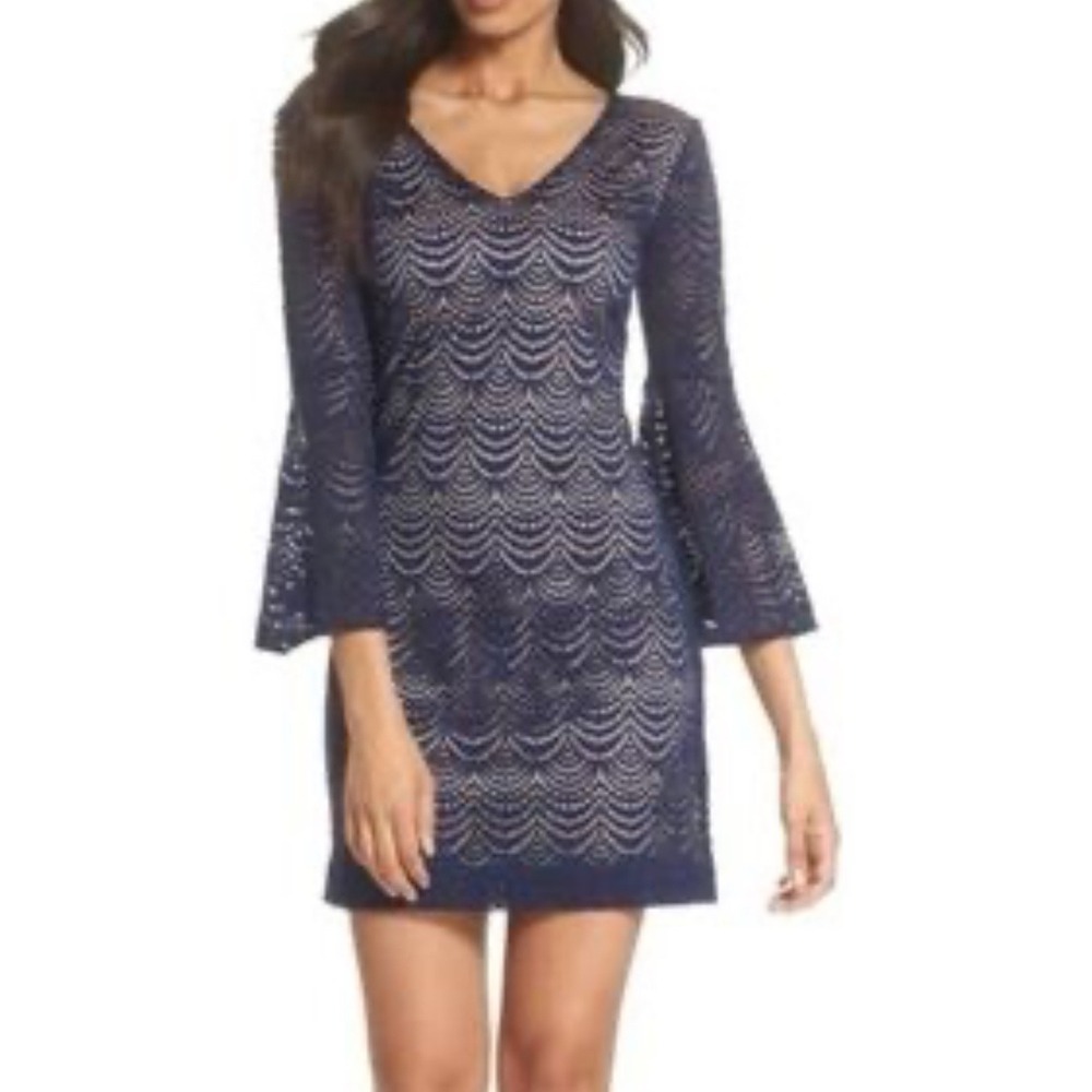 Lilly Pulitzer Nicoline dress navy scalloped shell lace overlay lined MSRP $198